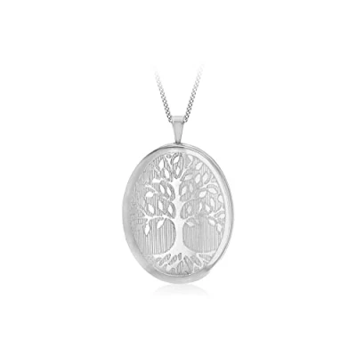 Image of Tuscany Silver Women&#039;s Sterling Rhodium Plated 20 x 31.5 mm Oval Tree of Life Locket Pendant Curb Chain Necklace Length 46 cm/18 Inch