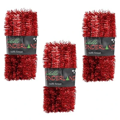 Image of Widdle Gifts Ltd Christmas Tree 3 Packs 50ft x 3cm (150ft) Tinsel GREAT VALUE Red 9832