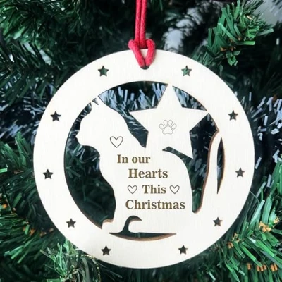 Image of Red Ocean Cat Memorial Christmas Tree Wooden Bauble, Bauble Hanging Decoration, Pet Plaques, Decorations, In Loving Memory Plaques