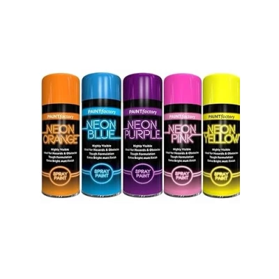 Image of Classic Signature 5 x Fluorescent Bright Neon Spray Paint Multipurpose Aerosol DIY Graffiti (Banksey) N0 CFCs Extra Assorted Colours Blue Orange Pink Yellow Purple 200ml D5