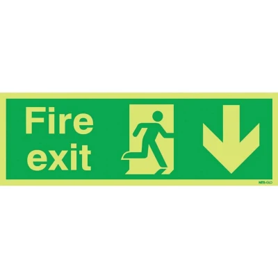 Image of Sitesafe Fire Exit Arrow Down Photoluminescent Vinyl Sign 450 x 150mm
