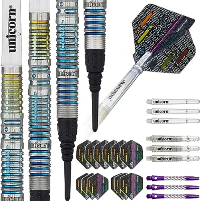 Image of Unicorn Soft Tip Darts Set Jeffrey &#039;The Black Cobra&#039; de Zwaan Code Players DNA 90% Natural Tungsten Barrels with Multicolour Titanium Accents Presentation Packaging 22 g