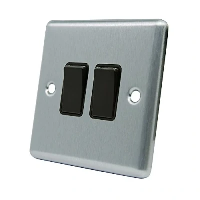 Image of AET CSC2GSWIBL Satin Chrome Classical Black Insert Plastic Rocker Switches 10 Amp Double 2 Gang Way Light Switch, 240 V