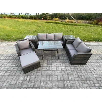 Image of 7 Seater Outdoor Rattan Garden Furniture Set Patio Lounge Sofa with Dining Table 2 Side Tables Big Footstool Dark Grey Mixed Fimous