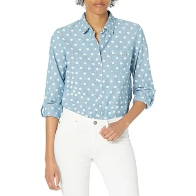 Image of Tommy Hilfiger Women&#039;s Classic Long Sleeve Roll Tab Button Down Shirt (Standard and Plus Size), Chambray Blue, M