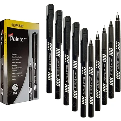 Image of DOLLAR Fineliner Pens, BLACK, 0.3mm Ultra Fine Felt Tip, Pack of 10, Precise Writing, Write Draw Sketch Colour Mark Line Pens