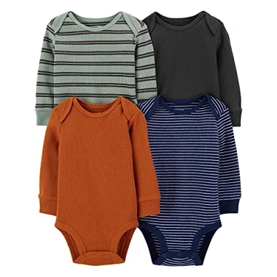 Image of Simple Joys by Carter&#039;s Baby Long Sleeve Thermal Bodysuits, Pack of 4, Black/Green Stripes/Navy/Rust, Premature