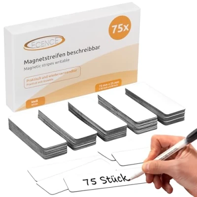Image of ECENCE Dry Erase Magnetic Labels 75pcs Reusable Name Tags 2.95inchx0.98inch Writable Sticker Notes for Whiteboard Refrigerator Locker Classroom White