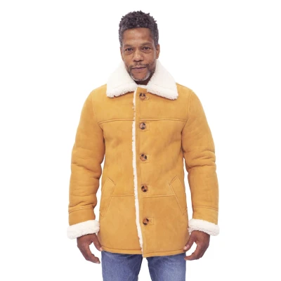Image of Men&#039;s Tan Brown Sheepskin Real Shearling Classic Suede Leather Car Coat M