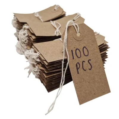Image of Swift Strung Tags Brown Reinforced Card Clothing Parcel Label String Hanging Gift Swing Tickets Kraft Hang Price Labelling 70mm x 35mm (Pack of 100)