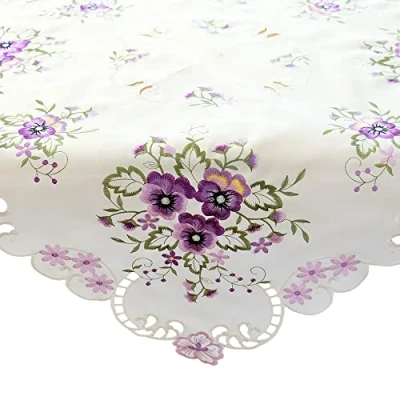 Image of matches21 Tablecloth Table Cloth Pansy Flowers Spring Linen White Embroidery Purple 1 Piece 85 x cm Polyester