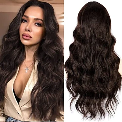 Image of PORSMEER Long Wigs for Women Natural Curly Wavy Synthetic Hair with Middle Part Full Everyday Party Cosplay Daily Dark Brown Color