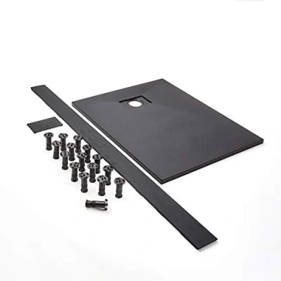 Image of Milano Rasa 900mm x 800mm Graphite Textured Slate Effect Rectangular Shower Tray and Fast Flow Waste With Recessed Riser Kit