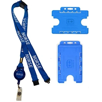 Image of 15mm Blue Nurse Neck Lanyard with Integrated Badge Reel &amp; 3 Point Safety Breakaway Double ID Card Holder (Vertical Holder)