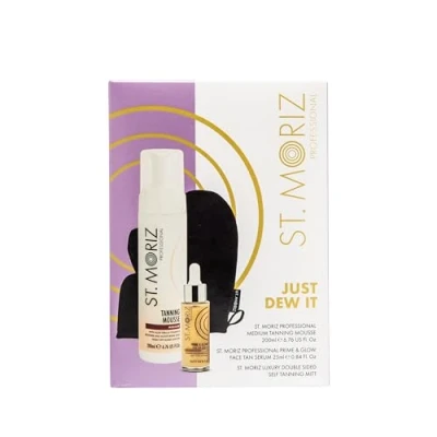 Image of St Moriz Just Dew It Fake Tan Gift Set 1 x Medium Tanning Mousse, Prime &amp; Glow Face Serum 2 Luxury Double Sided Mitt Christmas Gifts