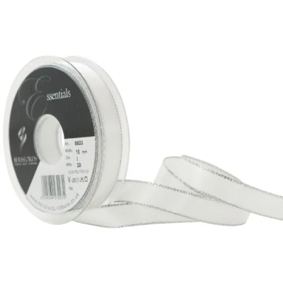 Image of Berisfords 15 mm Silver Edge Satin Ribbon, White