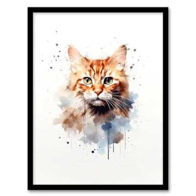 Image of Artery8 Ginger Orange Cat Lovers Gift Watercolour Pet Portrait Painting Artwork Art Print Framed Poster Wall Decor 12x16 inch