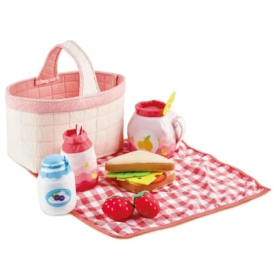 Image of Hape Toddler Picnic Basket Play Set 12 Piece Soft Food Toy, Machine Washable, Indoor/Outdoor, 18M+