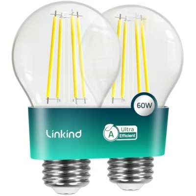Image of Linkind E27 LED Bulb, Energy Class A 3.8W=60W Equivalent, 2700K Warm White 806lm, Edison Screw in Light Clear Glass Vintage Filament 50000H Lifespan, 2 Pack