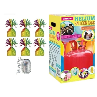 Image of Small helium balloon Canister with 6 Rainbow Multicoloured weights and 10m Ribbon fills upto 30 x 9 inch latex balloons