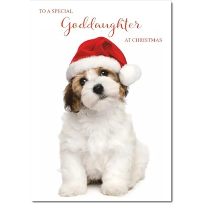 Image of doodlecards Goddaughter Christmas Card Dog and Santa Hat Medium Size for with Plain Envelope