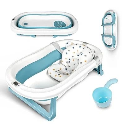 Image of Large Size Baby Bathtub with Temperature Sensing, Foldable Bath Tub Cushion Pad, Non Slip Support Leg, Collapsible for Toddler Kids Bathing Shampoo Cup (Blue)