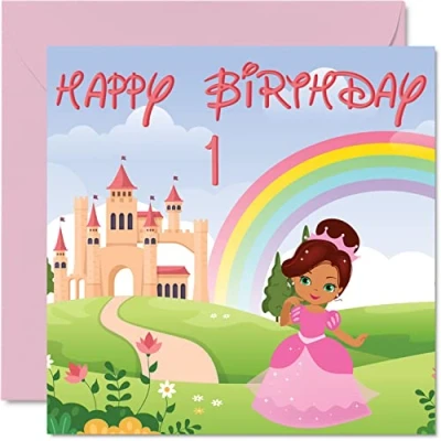 Image of 1st Birthday Card Girl Princess Castle Happy 1 Year Old Girl, Girls One First Cards for Her, 145mm x Greeting Daughter Niece Granddaughter Toddler Children