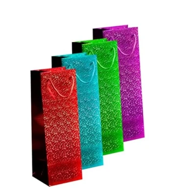 Image of KAV Holographic Paper Wine Bottle Gift Bag with Rope Holder Xmas Wrap, Wedding, Anniversary and Birthday Presents Assorted Colours 12x36x10 cm (100 Pcs)