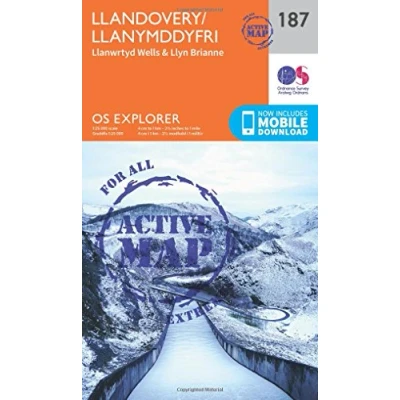 Image of Llandovery / Llandymddyfri Map Weatherproof Llanwrtyd Wells &amp; Llyn Brianne Ordnance Survey OS Explorer Active 187 Wales Walks Hiking Maps Adventure