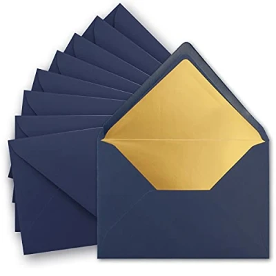 Image of 75 x metallic gold lined envelopes DIN C5, dark blue, 156 220 mm, wet seal with pointed flap, colourful, by Gustav Neuser