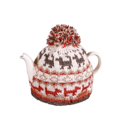 Image of Pachamama Handknitted Medium 4 6 Cup 1.2L Wool Tea Cosy Teapot Cover Dog Walking Pattern Insulated Handmade Fair Trade Multicoloured