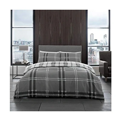 Image of GC GAVENO CAVAILIA Printed Duvet Cover Sets, Reversible Bedding Bed Set, Polycotton Quilt Covers, Bardsley Check Grey, King
