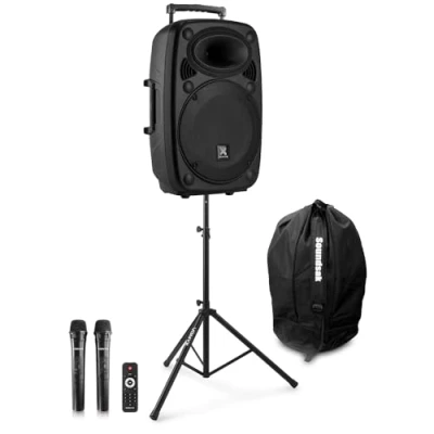 Image of VONYX Verve46 15&quot; Portable PA Sound System with Dual Wireless Microphones, Stand and Bag Rechargeable Battery, Bluetooth Streaming &amp; MP3 USB 1000W