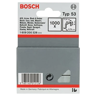 Image of Bosch Professional 1000x Fine Wire Staple Type 53 (Natural Materials, Textiles, Carton, 11.4 x 0.74 6 mm, Accessories Tacker, Gun)