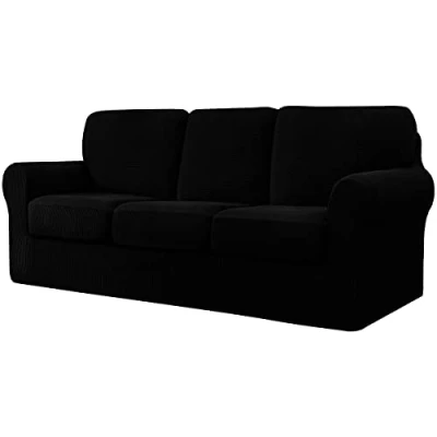 Image of CHUN YI 7 Piece Stretch Sofa Cover, 3 Seater Slipcover with Three Separate Cushions and Backrests, Jacquard Spandex Fabric(3 Seater,Black)