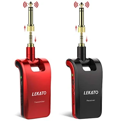 Image of LEKATO 2.4Ghz Stereo Wireless Guitar System with 1/4 &amp; 1/8 Plugs for Musical Instruments Rechargeable Transmitter Receiver Cordless Electric Guiar Lead Bass (Red)