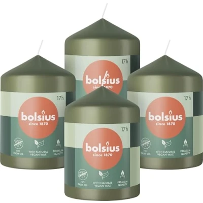 Image of Bolsius Pillar Candles Green 4 Pack 8 x 6 cm Decorative Household Long Burning Time of 17 Hours Unscented Includes Natural Vegan Wax Without Palm Oil