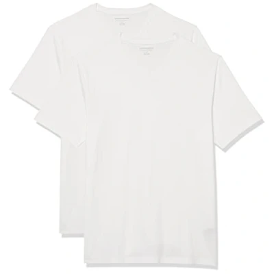 Image of Amazon Essentials Men&#039;s T Shirt Slim Fit Short Sleeved V Neck, Pack of 2, White, M