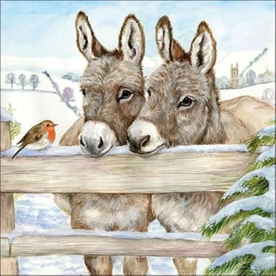 Image of 20 napkins, donkey in winter, as table decoration for animal lovers, 33 x cm.