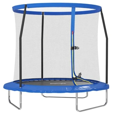 Image of SPORTNOW 8ft Trampoline with Safety Enclosure Net, Steel Frame Outdoor Trampoline, Jumping Mat Edge Cover for Fitness, Blue