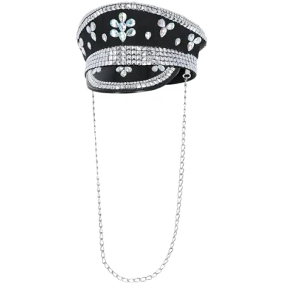 Image of Smiffys Fever Deluxe Sequin Studded Captains Hat, Black with Chain, Accessories Fancy Dress, Adult Dress Up Hats