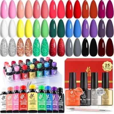 Image of Lavender Violets Gel Nail Polish Set,UV LED Base,Glossy n Matte Top Coat,Blooming Brush Pen Christmas Red Green Colors Sliver Glittery Gold White Pink Art Women Beauty Gift 997