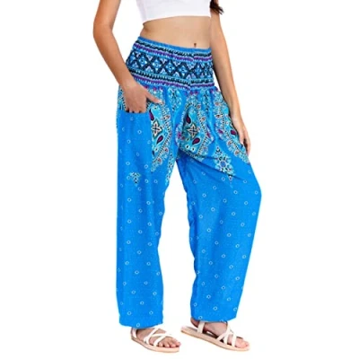 Image of Lofbaz Harem Pants for Women Yoga Boho Hippie Clothing Womens Palazzo Bohemian Pajama Trousers Beach Indian Gypsy Genie Clothes Floral 1 Light Blue XL