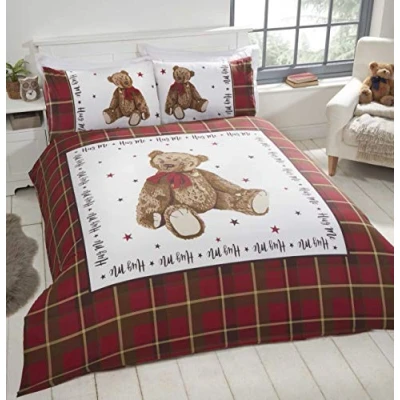 Image of Rapport Home Hug Me Teddy Bear Checkered Reversible Red Single Duvet Cover Set