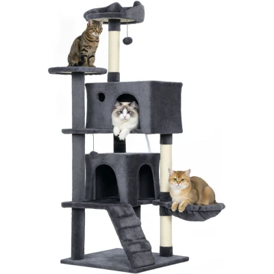 Image of 140cm PawHut Cat Tree with Sisal Scratching Posts, Houses, Dark Grey