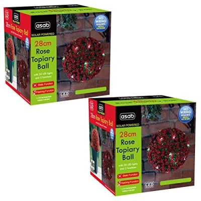 Image of ASAB 28cm Solar Powered Ultra Bright LED Rose Outside Topiary Balls Hanging Ornament Decorative Garden Boxwood Light Red 2 Pack