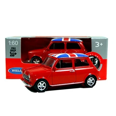 Image of Welly Mini Cooper Model (Red) with Union Jack Top Made of Die Cast Metal and Plastic Parts, Pull Back &amp; Go Action Toy