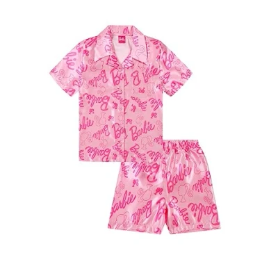 Image of Barbie Ladies Short Satin Pyjama Set Two Piece Pyjamas for Women Silk sizes 8 20 (16 18) Pink