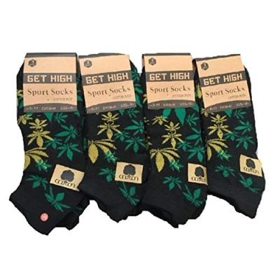 Image of 6 Pairs Men&#039;s Trainer Ganja weed Leaf Print Cannabis Marijuana Design Cotton Socks Uk Size 6/11 (Yellow)