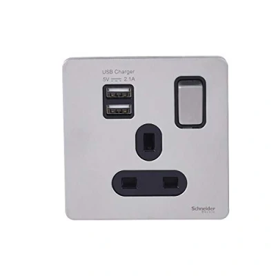 Image of Schneider Electric Ultimate Screwless Flat Plate Switched Single Power Socket with USB Charging Ports, Double Pole, 13A, GGBGU34102USBABSS, Stainless Steel Black Insert